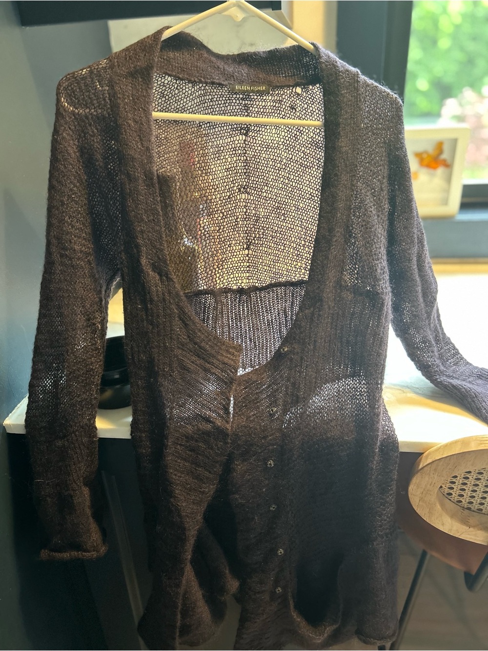 Eileen Fisher Dark Brown Open-Knit Button Cardigan